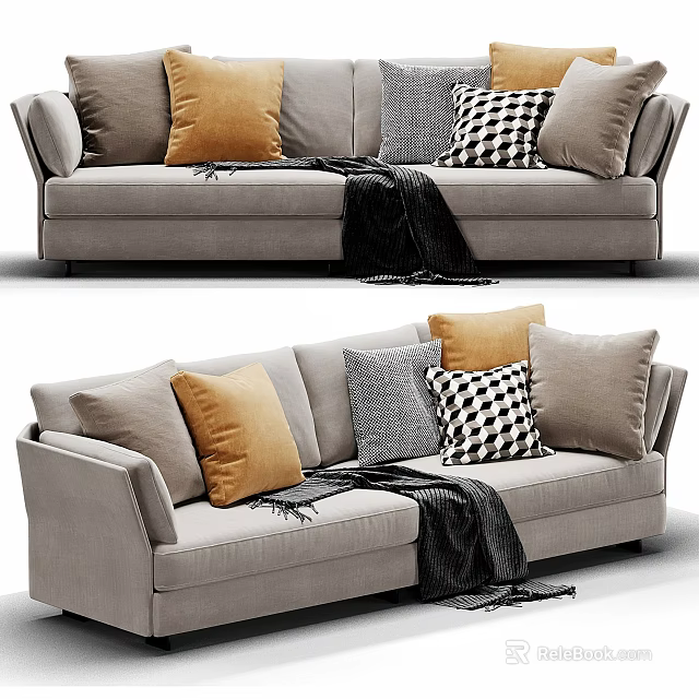 Modern Light Gray Two-Seater Sofa With Orange Gray Checkered Pillows And Black Throw Blanket 3d model