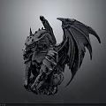 Detailed Grey Dragon Statue With Large Wings And Red Eyes In Sitting Pose