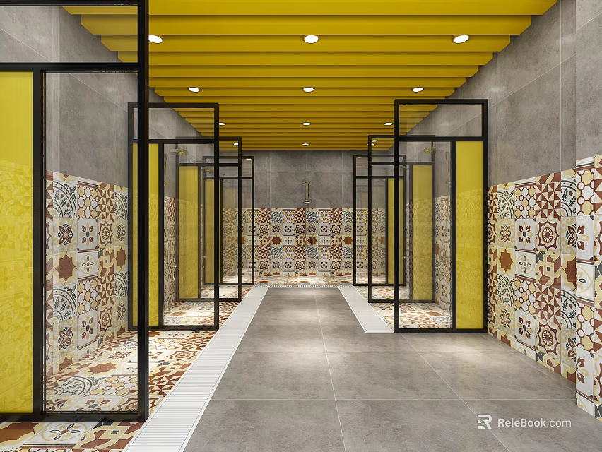 Elegant SPA Sauna Interior Design With Wooden Cabins And Decorative Tiles 3d model 
