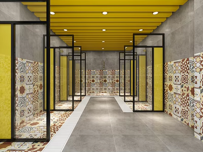 Elegant SPA Sauna Interior Design With Wooden Cabins And Decorative Tiles 3d model