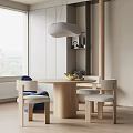 Modern Round Wooden Dining Table Set With Upholstered Chairs Pendant Light And Window Blinds