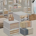 Neatly Organized Wardrobe Storage With Stackable Boxes Folded Clothes And Handbag