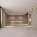 Modern Showroom Interior With Wooden Slat Walls Reception Counter Purple Sculpture And Orange Ceiling Lights