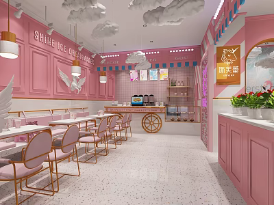 Pink Milk Tea Shop With Cloud Decorations Angel Wing Elements Pink Tables Chairs And Mirror 3d model