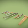 Various Decorative Knives with Diverse Blades and Handles on Green Background