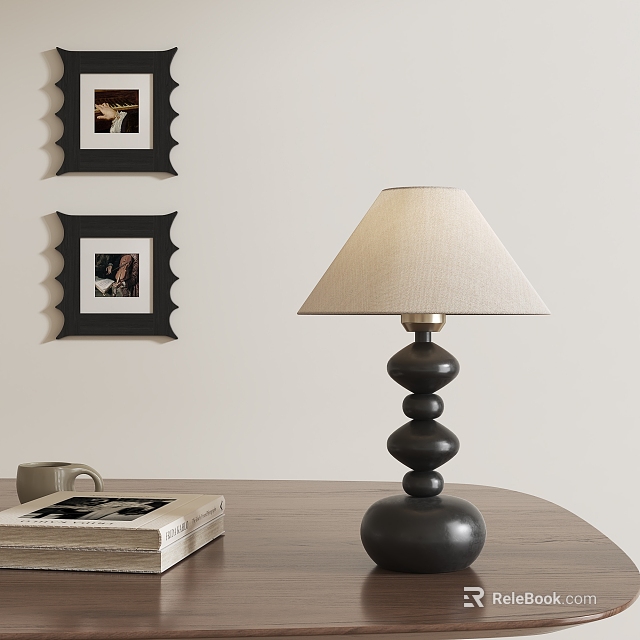 Modern Black Table Lamp With Stacked Round Base And Beige Linen Shade On Wooden Table 3d model 
