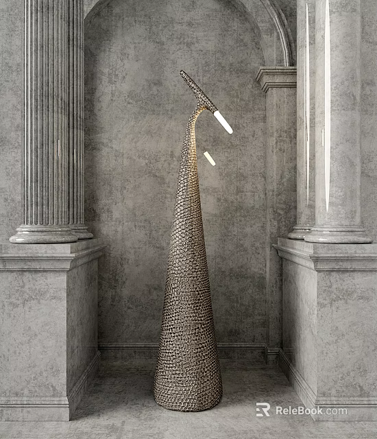 Golden Floor Lamp With Woven Texture Curved Shape In Classical Room Gray Columns 3d model 