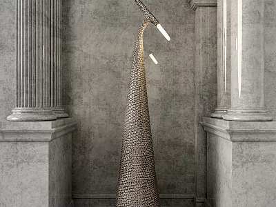 Golden Floor Lamp With Woven Texture Curved Shape In Classical Room Gray Columns 3d model
