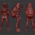 Character And Creature Design Displaying Three Angles With Backpack Weapon And Costume Details 3d model