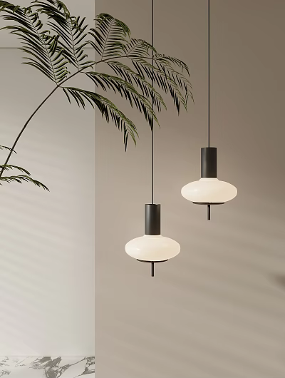 Two Modern Pendant Lights With White Shades Black Bases On Neutral Wall With Leafy Plant 3d model