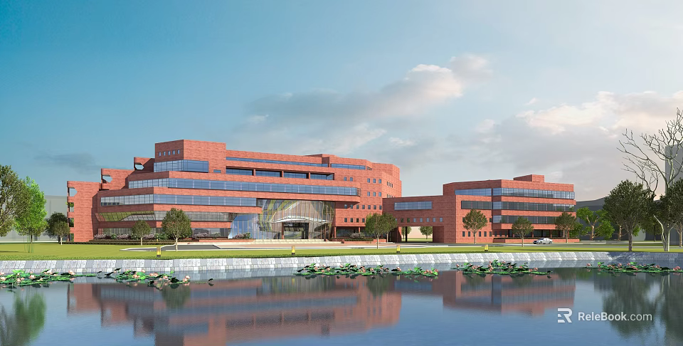 Artistic Modern Library Building Design With Waterfront And Red Bricks 3d model 