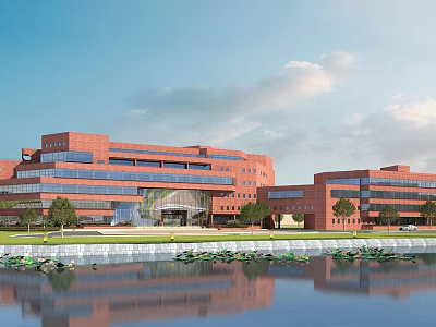 Artistic Modern Library Building Design With Waterfront And Red Bricks 3d model