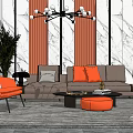 Modern Sofa Coffee Table Set With Gray Sofa Orange Pillows Ottoman And Marble Wall 3d model