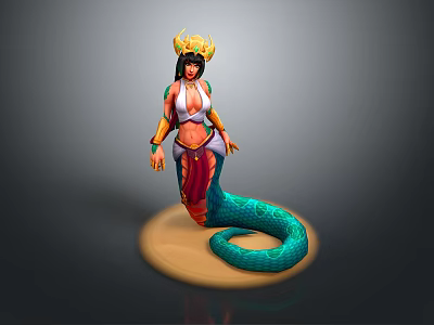 Decorative Snake Woman Figurine With Crown And Blue Tail On Base 3d model