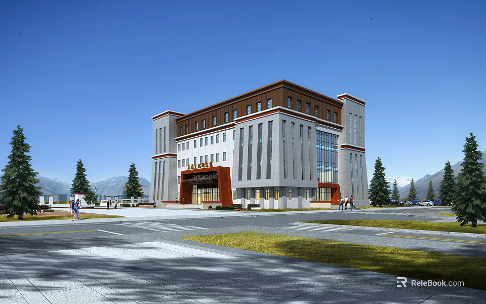 Modern School Building With Grand Entrance Large Windows And Trees Along Landscaped Pathway 3d model 