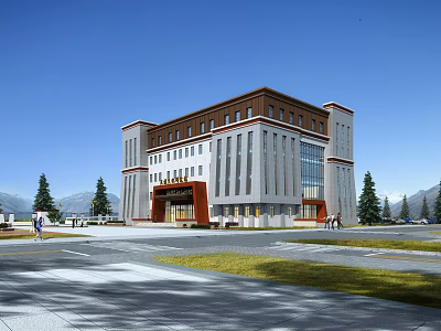 Modern School Building With Grand Entrance Large Windows And Trees Along Landscaped Pathway 3d model