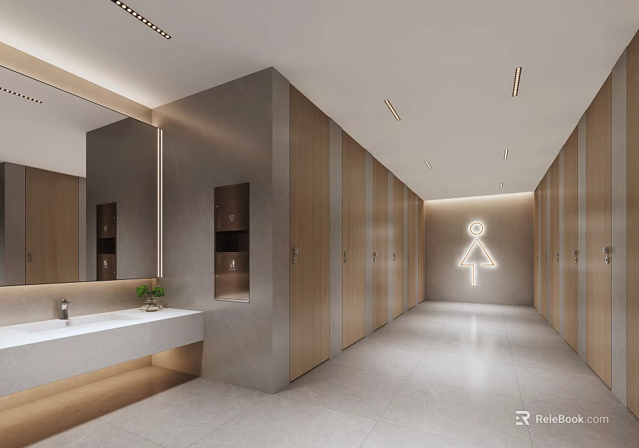 Public Restroom Interior Design With Modern Stalls Sink Mirror And Lighting 3d model 