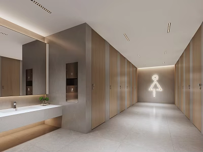 Public Restroom Interior Design With Modern Stalls Sink Mirror And Lighting 3d model