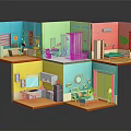 Cartoon Style Colorful Multi Room Model With Kitchen Living Room Bedroom And Decorative Furniture