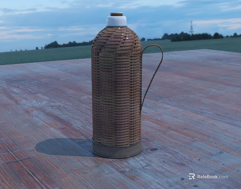 Woven Rattan Thermos Flask Placed On Wooden Floor With Open Field And Sky 3d model 