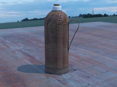 Woven Rattan Thermos Flask Placed On Wooden Floor With Open Field And Sky 3d model