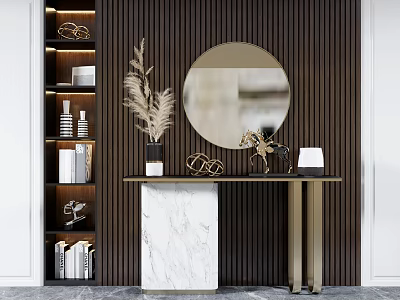 Elegant Console Table with Round Mirror Pampas Grass and Metal Decor on Marble Top 3d model