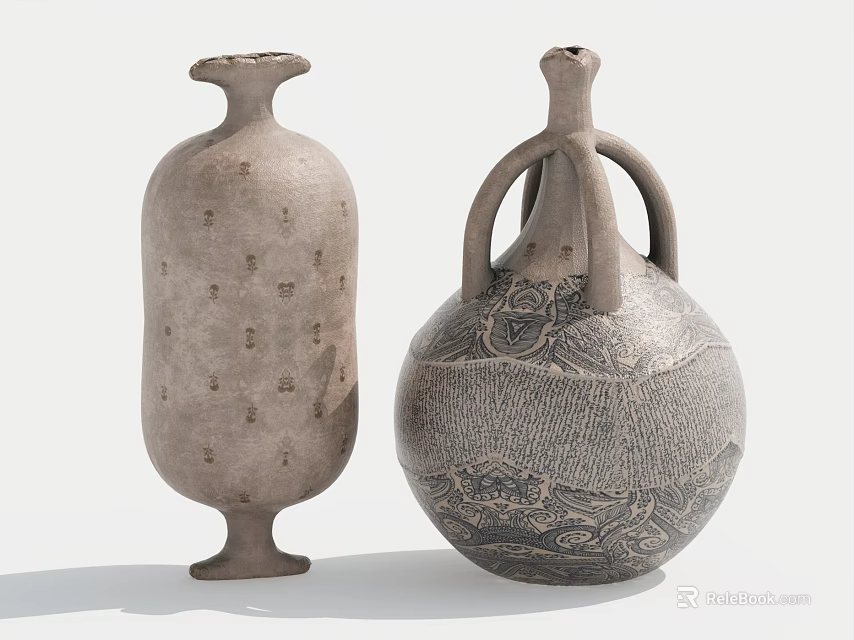 Ceramic Vessels Featuring Slender Rounded Shapes Dot Patterns And Carved Decorations 3d model 