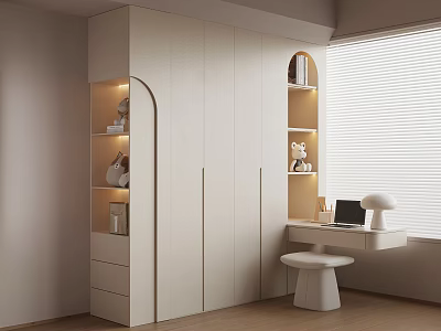 Modern Minimalist Room Interior With Wardrobe Built-in Bookshelves Desk Lamp And Window Blinds 3d model