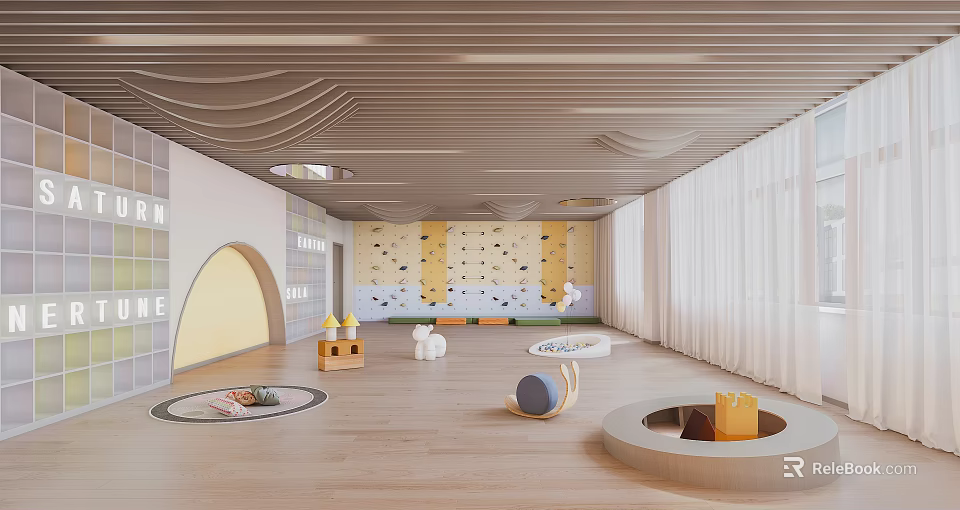 Modern Kindergarten Interior With Wooden Flooring Climbing Wall And Toys 3d model 