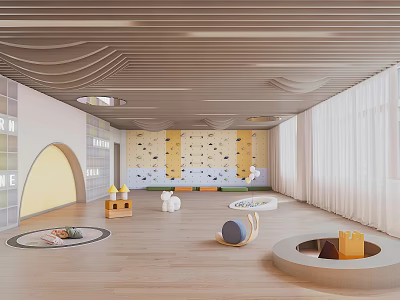 Modern Kindergarten Interior With Wooden Flooring Climbing Wall And Toys 3d model