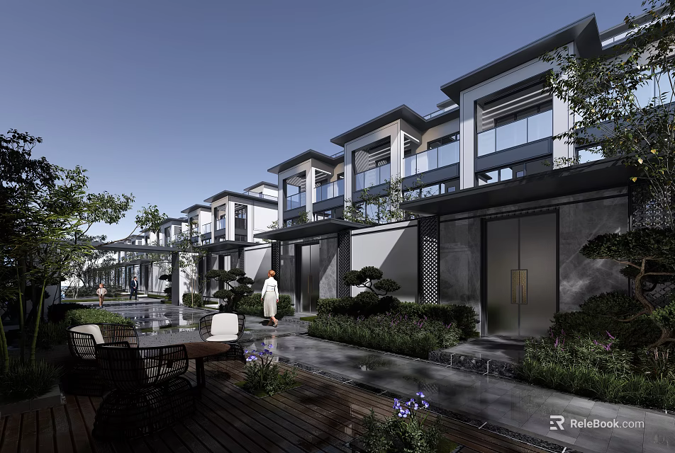 Modern Townhouse Exterior Design With Courtyard Greenery And Outdoor Living Area 3d model 