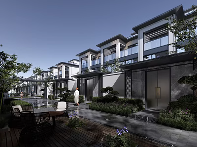 Modern Townhouse Exterior Design With Courtyard Greenery And Outdoor Living Area 3d model