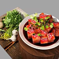 Braised Pork Cubes in Red Sauce with Scallions Coriander Mushrooms and Garlic on Wooden Table