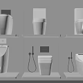 Different Types of Modern Toilets Displayed on Shelves with Bidet Sprayers for Bathroom Renovation Ideas