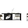 Modern Black Dining Table Set Featuring Brown Chairs and Vase with Branches 3d model