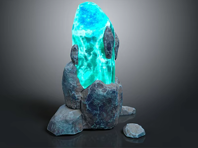Glowing Blue Crystal Structure With Rock Base And Small Stones 3d model
