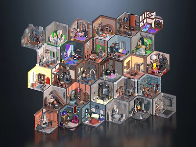 Cartoon Scene With 3D Hexagonal Modules Featuring Living Room Kitchen Bedroom And Colorful Details 3d model
