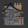 Cartoon Style House With Blue Roof Orange Walls Chimney And Balcony Potted Plants