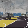 Basketball Gym Entrance With Blue Turnstiles Digital Screens And Reception Area