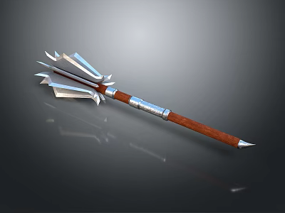 Detailed Trident Weapon With Metal Head Wooden Handle And Silver Accents 3d model