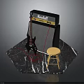 Marshall Electric Guitar Amplifier With Wooden Stool On Marble Surface