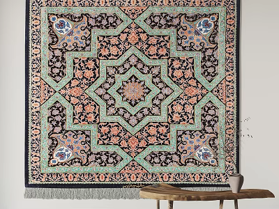 Square Decorative Rug with Intricate Geometric Pattern Blue Orange Green Tones and Fringed Edges 3d model