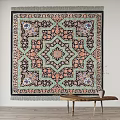 Square Decorative Rug with Intricate Geometric Pattern Blue Orange Green Tones and Fringed Edges