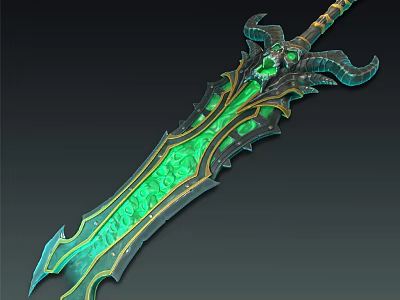 Mythical Enchanted Sword With Glowing Green Blade Horned Hilt And Intricate Gemstone Inlays 3d model