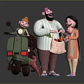 Child on Green Scooter with Adult Man Girl and Red Lobster in Basket