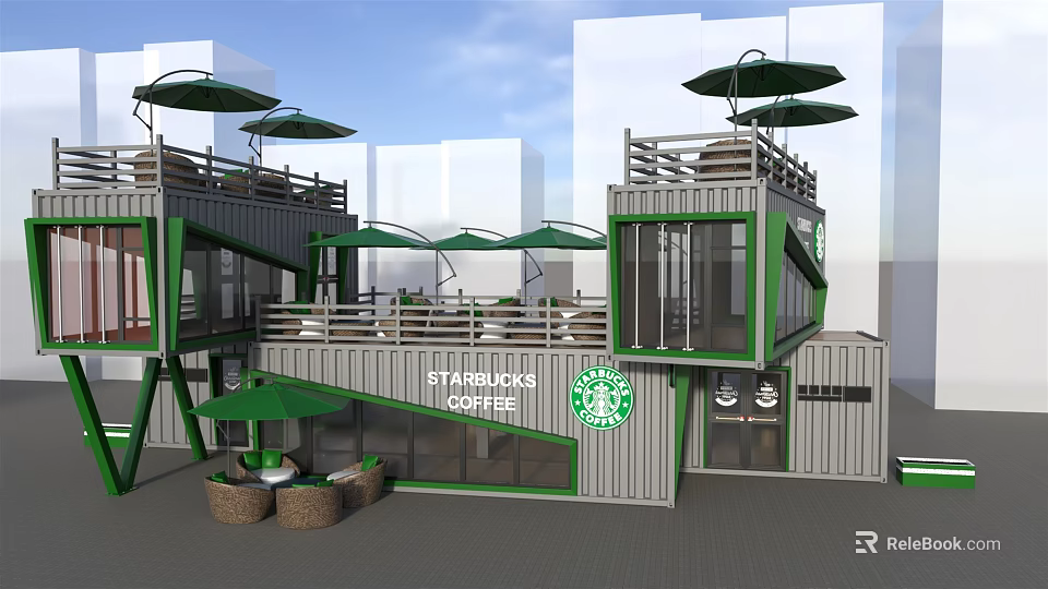 Modern Shipping Container Building For Starbucks Coffee Shop With Green Umbrellas And Terrace 3d model 