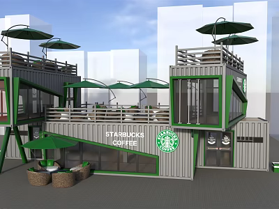Modern Shipping Container Building For Starbucks Coffee Shop With Green Umbrellas And Terrace 3d model