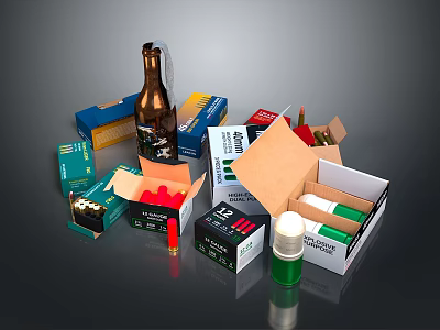Assorted Weapon Ammunition Supplies Including Bullets and Open Storage Boxes 3d model