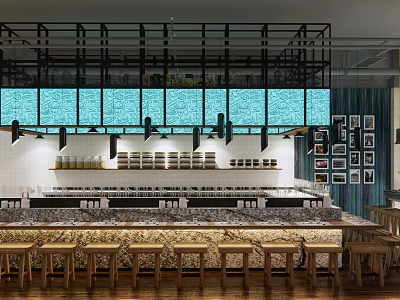 Modern Restaurant Interior With Blue Decorative Panels Wooden Bar Stools And Wall Art Frames 3d model