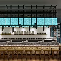 Modern Restaurant Interior With Blue Decorative Panels Wooden Bar Stools And Wall Art Frames